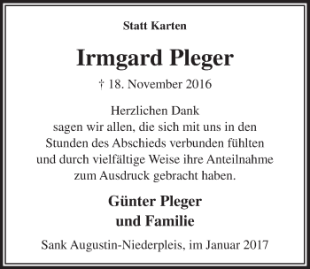 Anzeige von Irmgard Pleger von  Extra Blatt 