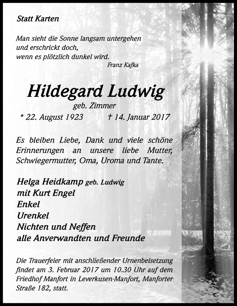  Traueranzeige für Hildegard Ludwig vom 28.01.2017 aus Kölner Stadt-Anzeiger / Kölnische Rundschau / Express