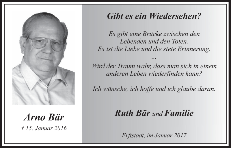  Traueranzeige für Arno Bär vom 11.01.2017 aus  Wochenende 