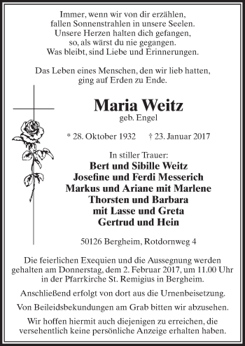 Anzeige von Maria Weitz von  Sonntags-Post 