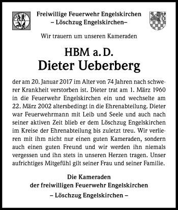 Anzeige von Dieter Ueberberg von Kölner Stadt-Anzeiger / Kölnische Rundschau / Express