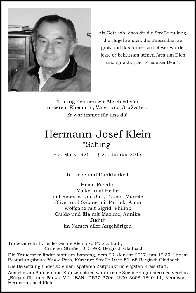  Traueranzeige für Hermann-Josef Klein vom 25.01.2017 aus Kölner Stadt-Anzeiger / Kölnische Rundschau / Express