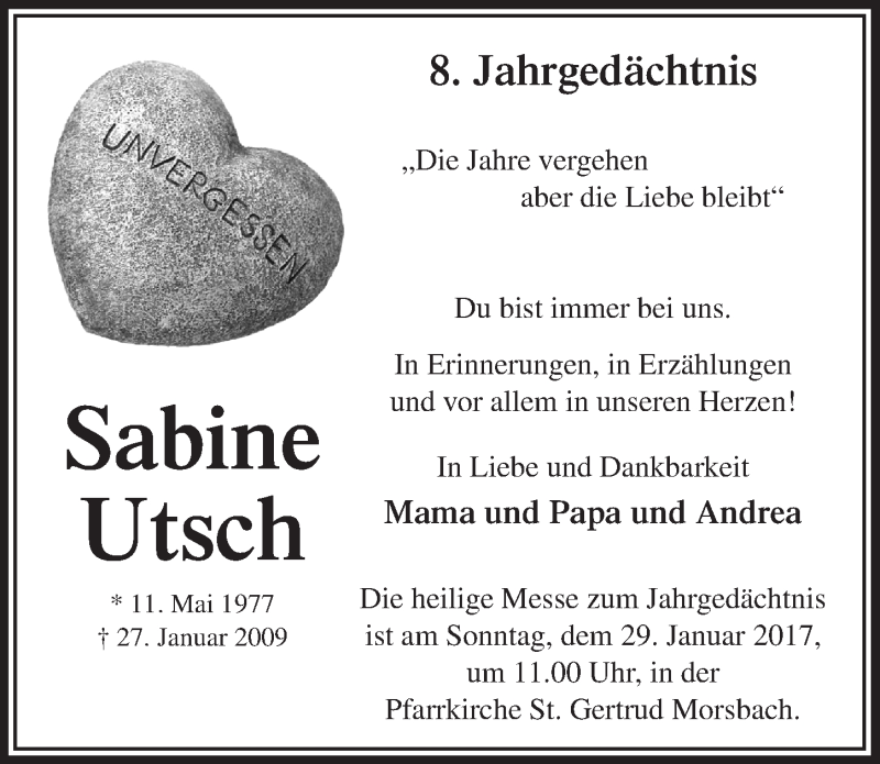  Traueranzeige für Sabine Utsch vom 25.01.2017 aus  Lokalanzeiger 