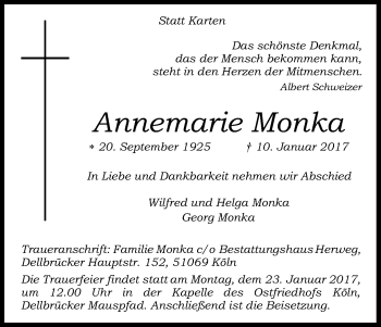 Anzeige von Annemarie Monka von Kölner Stadt-Anzeiger / Kölnische Rundschau / Express