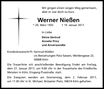 Anzeige von Werner Nießen von Kölner Stadt-Anzeiger / Kölnische Rundschau / Express
