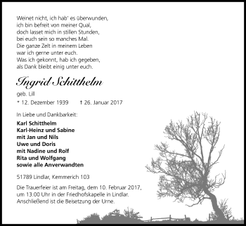 Anzeige von Ingrid Schitthelm von Kölner Stadt-Anzeiger / Kölnische Rundschau / Express