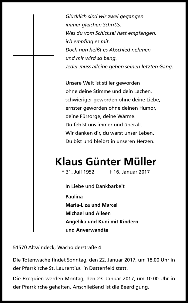  Traueranzeige für Klaus Günter Müller vom 19.01.2017 aus Kölner Stadt-Anzeiger / Kölnische Rundschau / Express