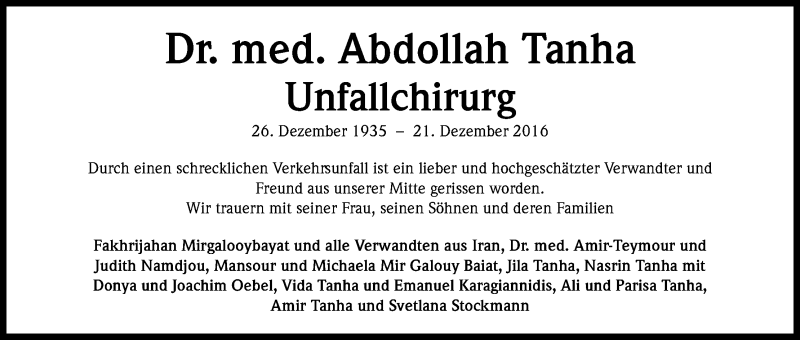  Traueranzeige für Abdollah Tanha vom 14.01.2017 aus Kölner Stadt-Anzeiger / Kölnische Rundschau / Express