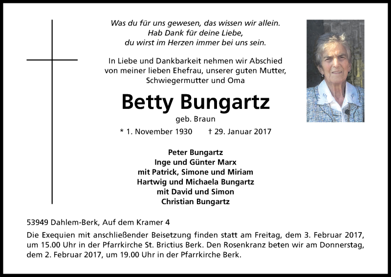  Traueranzeige für Betty Bungartz vom 01.02.2017 aus Kölner Stadt-Anzeiger / Kölnische Rundschau / Express