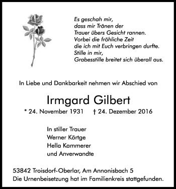Anzeige von Irmgard Gilbert von Kölner Stadt-Anzeiger / Kölnische Rundschau / Express