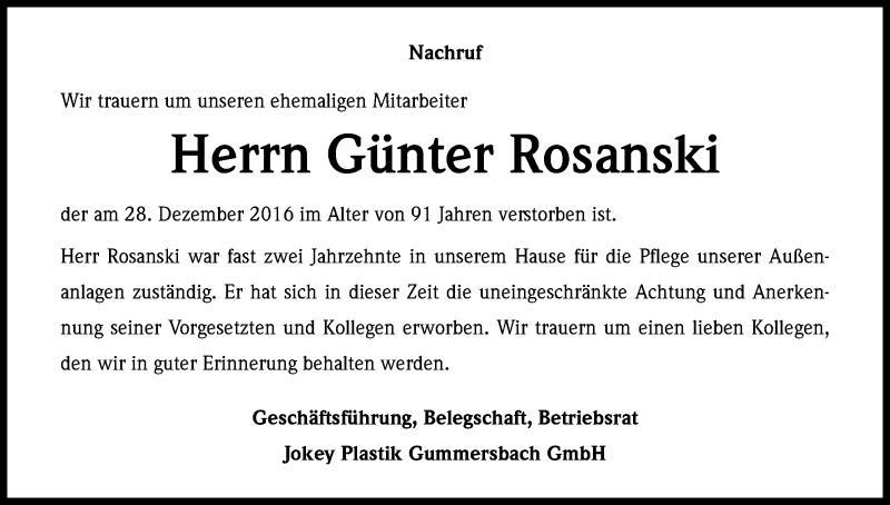  Traueranzeige für Günter Rosanski vom 04.01.2017 aus Kölner Stadt-Anzeiger / Kölnische Rundschau / Express