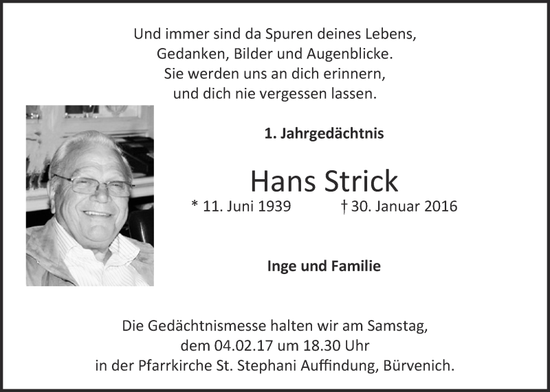  Traueranzeige für Hans Strick vom 28.01.2017 aus  Blickpunkt Euskirchen 