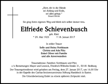 Anzeige von Elfriede Schievenbusch von Kölner Stadt-Anzeiger / Kölnische Rundschau / Express