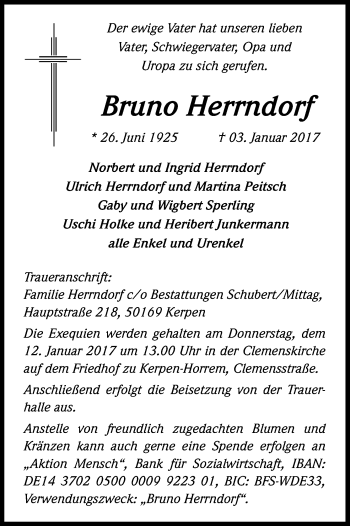 Anzeige von Bruno Herrndorf von Kölner Stadt-Anzeiger / Kölnische Rundschau / Express