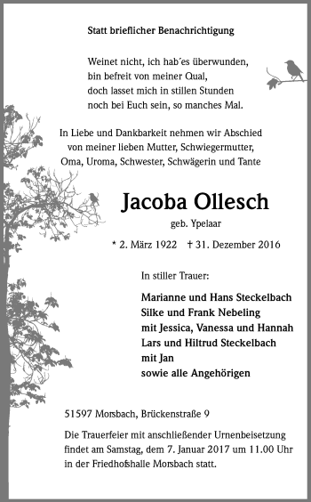 Anzeige von Jacoba Ollesch von Kölner Stadt-Anzeiger / Kölnische Rundschau / Express