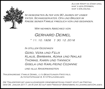 Anzeige von Gerhard Deimel von Kölner Stadt-Anzeiger / Kölnische Rundschau / Express