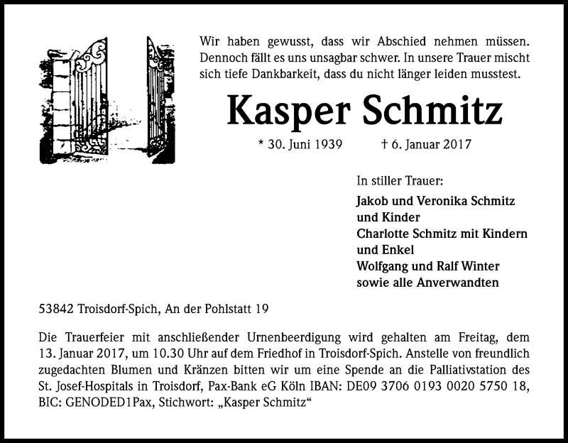  Traueranzeige für Kasper Schmitz vom 11.01.2017 aus Kölner Stadt-Anzeiger / Kölnische Rundschau / Express