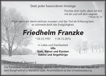 Anzeige von Friedhelm Franzke von  Lokalanzeiger 