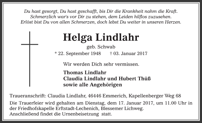 Traueranzeige für Helga Lindlahr vom 11.01.2017 aus  Werbepost 