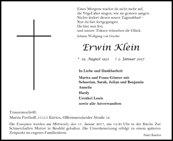 Anzeige von Erwin Klein von Kölner Stadt-Anzeiger / Kölnische Rundschau / Express
