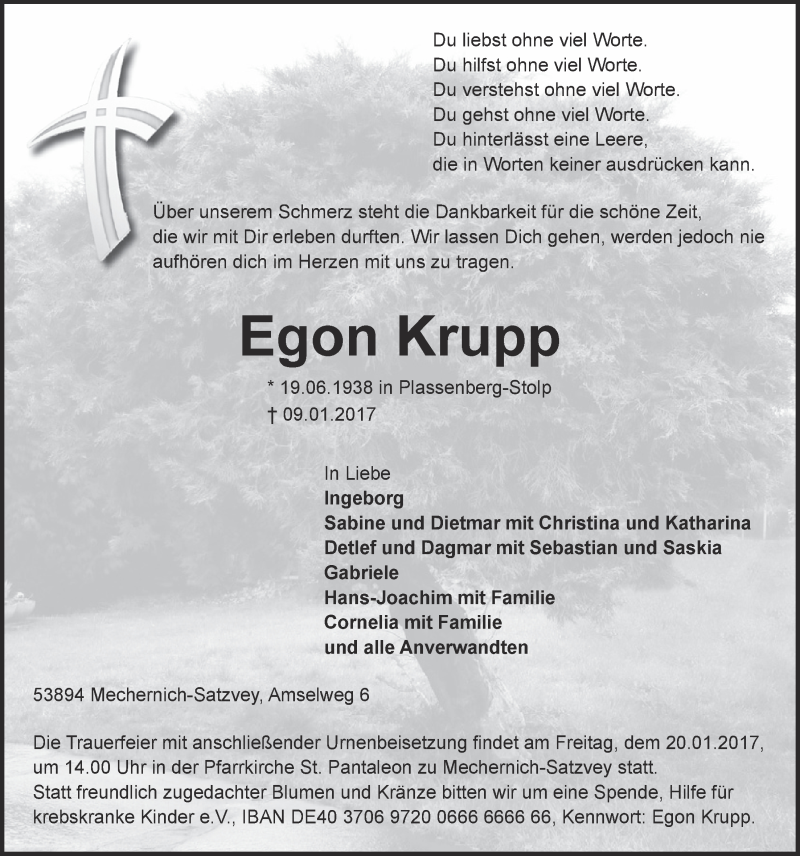  Traueranzeige für Egon Krupp vom 14.01.2017 aus  Blickpunkt Euskirchen 