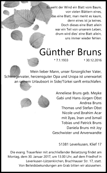 Anzeige von Günther Bruns von Kölner Stadt-Anzeiger / Kölnische Rundschau / Express