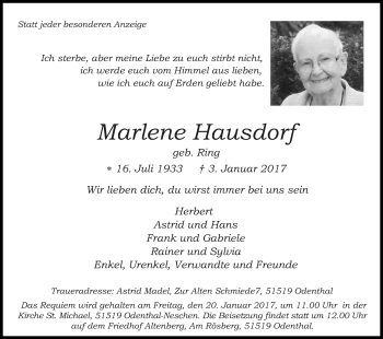Anzeige von Marlene Hausdorf von Kölner Stadt-Anzeiger / Kölnische Rundschau / Express