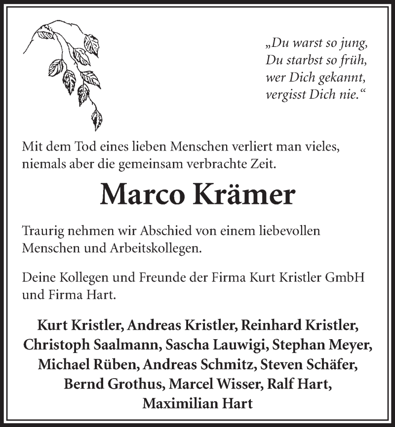  Traueranzeige für Marco Krämer vom 11.01.2017 aus  Kölner Wochenspiegel  Schlossbote/Werbekurier  Extra Blatt 