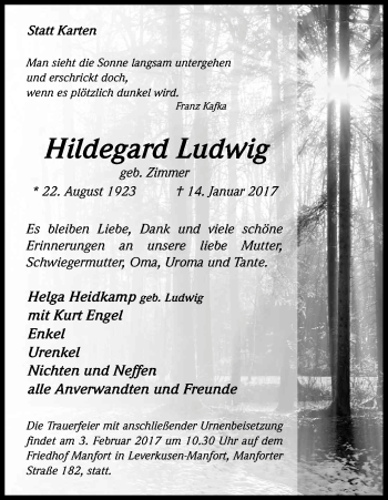 Anzeige von Hildegard Ludwig von Kölner Stadt-Anzeiger / Kölnische Rundschau / Express