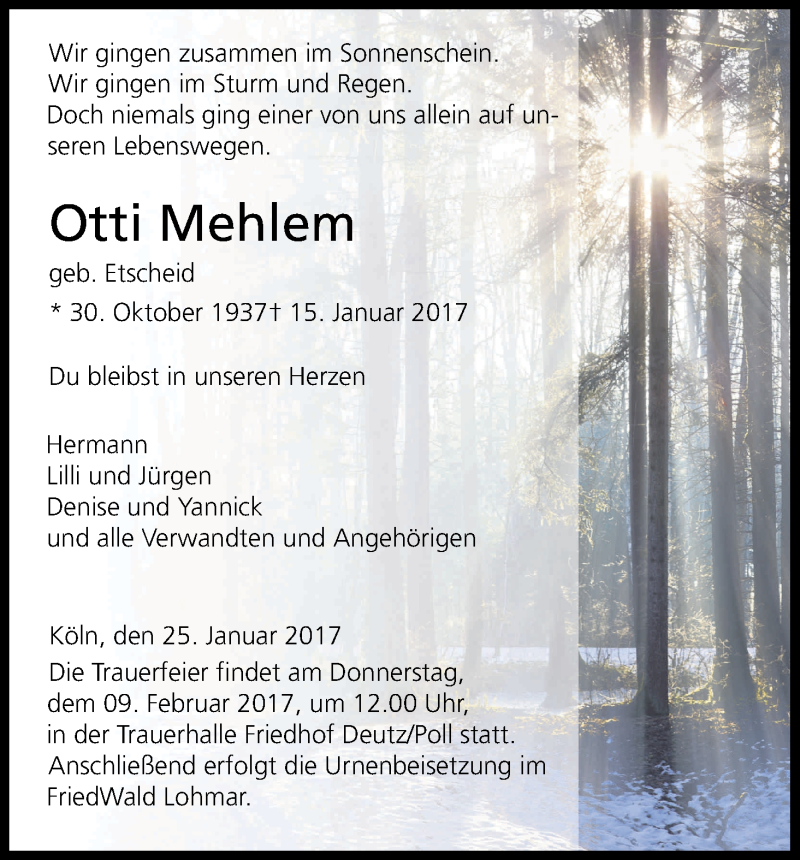  Traueranzeige für Otti Mehlem vom 25.01.2017 aus Kölner Stadt-Anzeiger / Kölnische Rundschau / Express