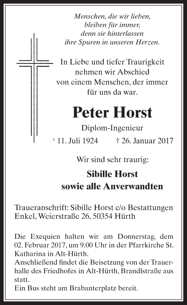  Traueranzeige für Peter Horst vom 01.02.2017 aus  Wochenende 