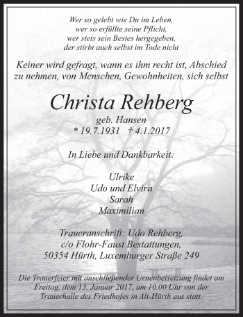 Anzeige von Christa Rehberg von  Wochenende 