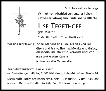 Anzeige von Ilse Tegethoff von Kölner Stadt-Anzeiger / Kölnische Rundschau / Express