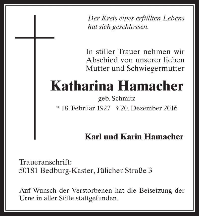  Traueranzeige für Katharina Hamacher vom 04.01.2017 aus  Werbepost 