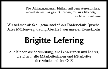 Anzeige von Brigitte Lefering von Kölner Stadt-Anzeiger / Kölnische Rundschau / Express