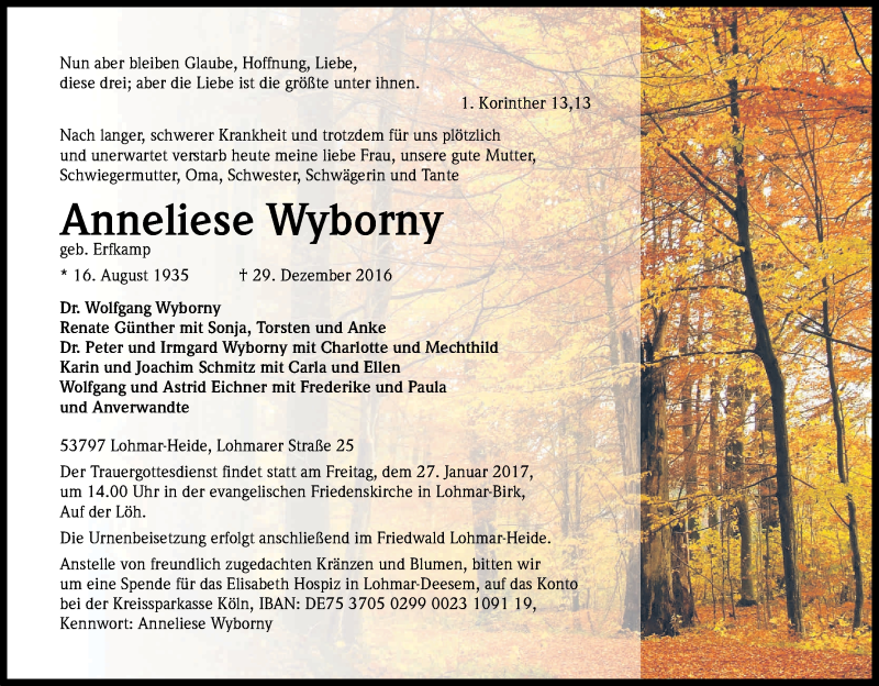  Traueranzeige für Anneliese Wyborny vom 07.01.2017 aus Kölner Stadt-Anzeiger / Kölnische Rundschau / Express