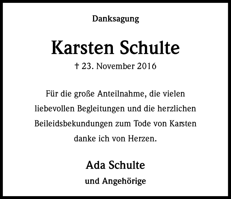  Traueranzeige für Karsten Schulte vom 14.01.2017 aus Kölner Stadt-Anzeiger / Kölnische Rundschau / Express