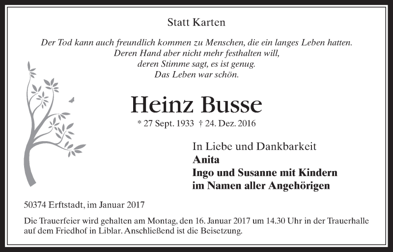  Traueranzeige für Heinz Busse vom 11.01.2017 aus  Werbepost 