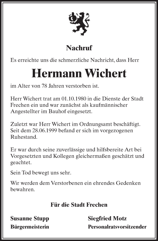  Traueranzeige für Hermann Wichert vom 21.01.2017 aus  Sonntags-Post 