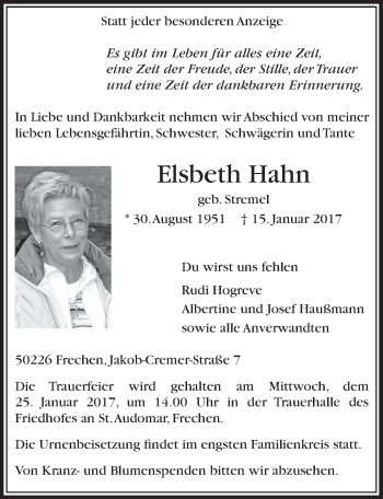 Anzeige von Elsbeth Hahn von  Sonntags-Post 