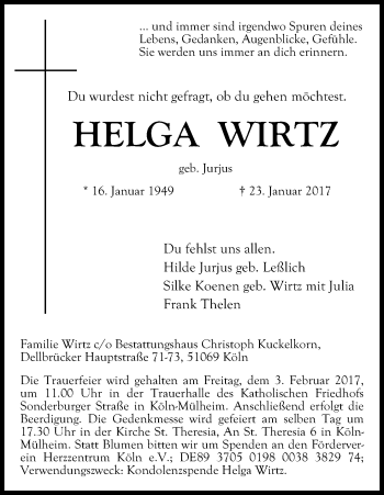 Anzeige von Helga Wirtz von Kölner Stadt-Anzeiger / Kölnische Rundschau / Express