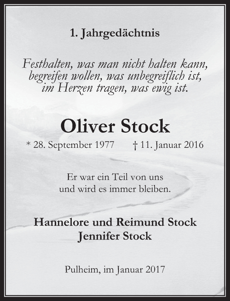  Traueranzeige für Oliver Stock vom 11.01.2017 aus  Wochenende 