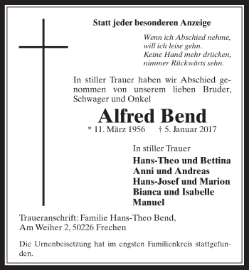Anzeige von Alfred Bend von  Wochenende 