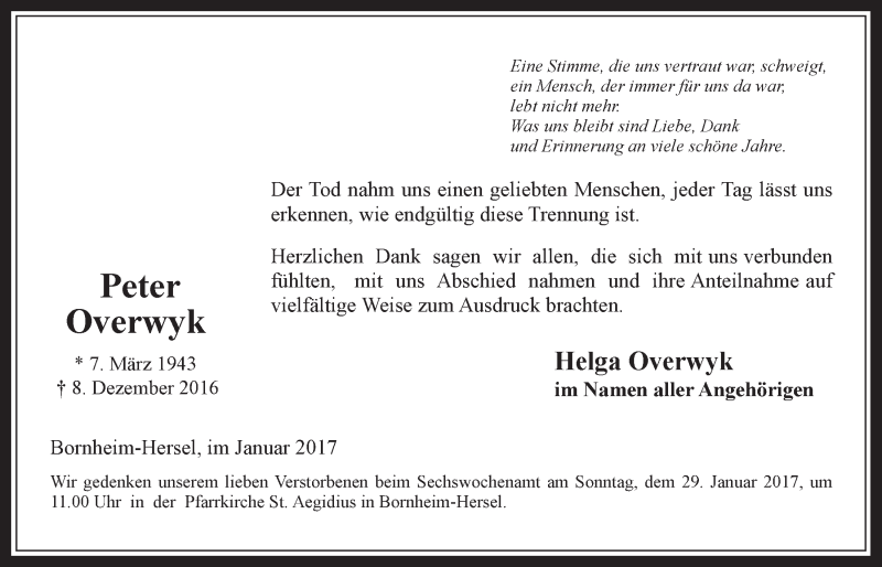  Traueranzeige für Peter Overwyk vom 18.01.2017 aus  Schaufenster/Blickpunkt 
