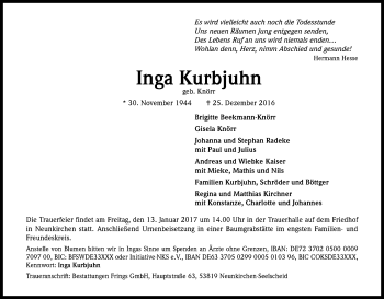 Anzeige von Inga Kurbjuhn von Kölner Stadt-Anzeiger / Kölnische Rundschau / Express