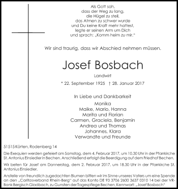 Anzeige von Josef Bosbach von Kölner Stadt-Anzeiger / Kölnische Rundschau / Express