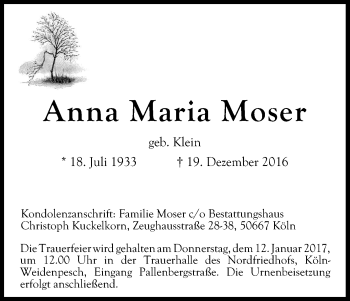 Anzeige von Anna Maria Moser von Kölner Stadt-Anzeiger / Kölnische Rundschau / Express