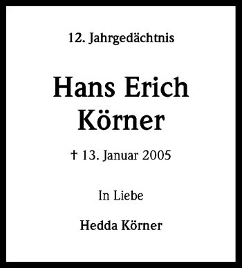 Anzeige von Hans Erich Körner von Kölner Stadt-Anzeiger / Kölnische Rundschau / Express