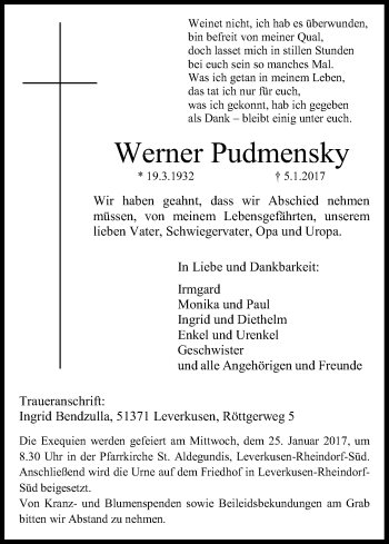 Anzeige von Werner Pudmensky von Kölner Stadt-Anzeiger / Kölnische Rundschau / Express