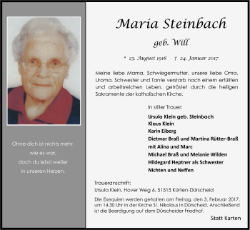 Anzeige von Maria Steinbach von Kölner Stadt-Anzeiger / Kölnische Rundschau / Express